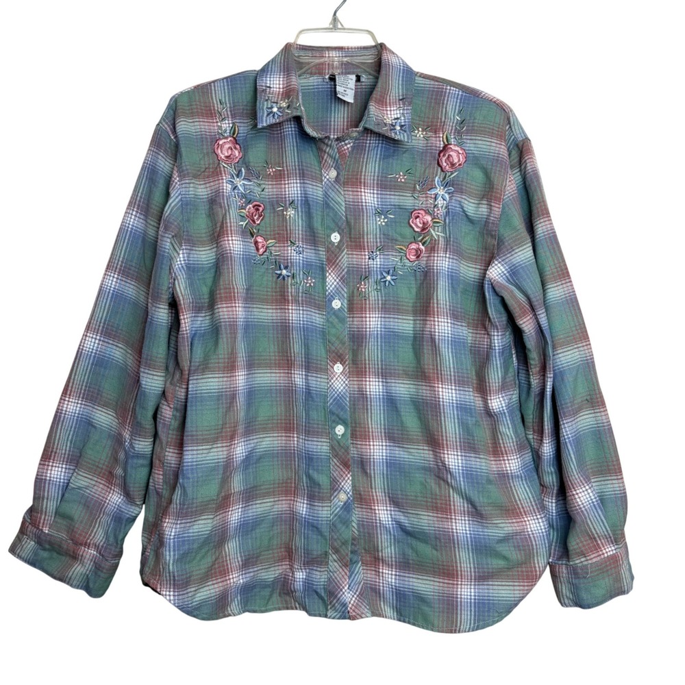 Teddi Vintage 90s Green Plaid Embroidered Floral Button Shirt Blouse Soft Girl M